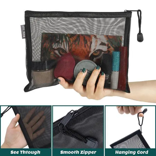 Alt view image 2 of 6 - 6 Pack Mesh Cosmetic Bags, Nylon Makeup Pouches with Zipper for Home Office Purse Diaper Bag (Black)