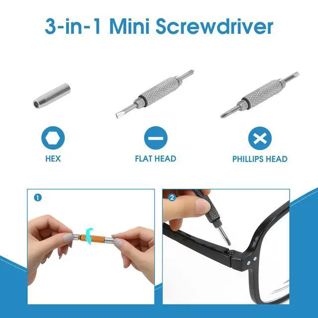 Alt view image 4 of 7 - Eyeglass Screwdriver Repair Kit Silver Yellow Pink Black Precision 3 in 1 Mini Screwdrivers Set Keychain Glasses, Sunglasses, Sunglass, Watch, Electronics, Eyeglasses, Flat Head, Phillips, Hex