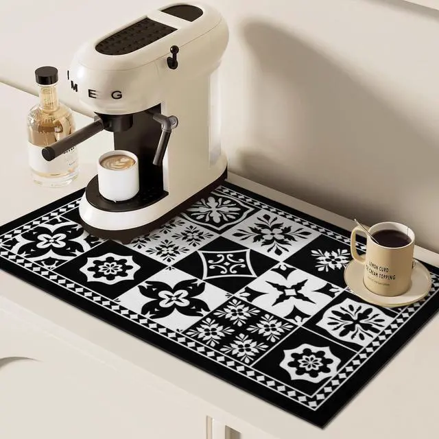 Main image of Coffee Bar Mat Hide Stain Rubber Backed Absorbent Drying Mat Modern Kitchen Drying Mat Easy Clean,Fit Under Coffee Maker Machine And Accessories-12"x19",Retro Black