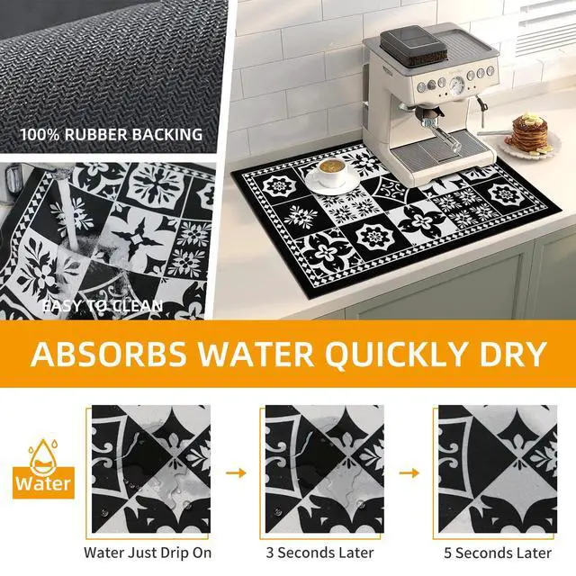 Alt view image 2 of 6 - Coffee Bar Mat Hide Stain Rubber Backed Absorbent Drying Mat Modern Kitchen Drying Mat Easy Clean,Fit Under Coffee Maker Machine And Accessories-12"x19",Retro Black