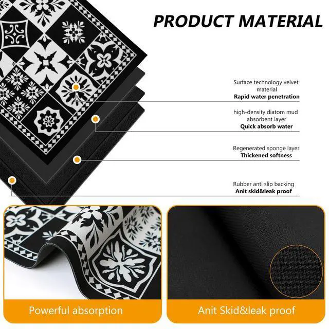 Alt view image 3 of 6 - Coffee Bar Mat Hide Stain Rubber Backed Absorbent Drying Mat Modern Kitchen Drying Mat Easy Clean,Fit Under Coffee Maker Machine And Accessories-12"x19",Retro Black