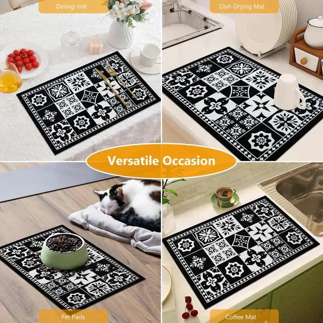 Alt view image 6 of 6 - Coffee Bar Mat Hide Stain Rubber Backed Absorbent Drying Mat Modern Kitchen Drying Mat Easy Clean,Fit Under Coffee Maker Machine And Accessories-12"x19",Retro Black
