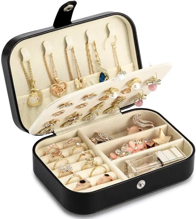 Main image of Travel Jewelry Box, PU leather Small Jewelry Organizer For Female Girls, double layer portable mini travel case for storing earrings, rings, necklaces.(Black)