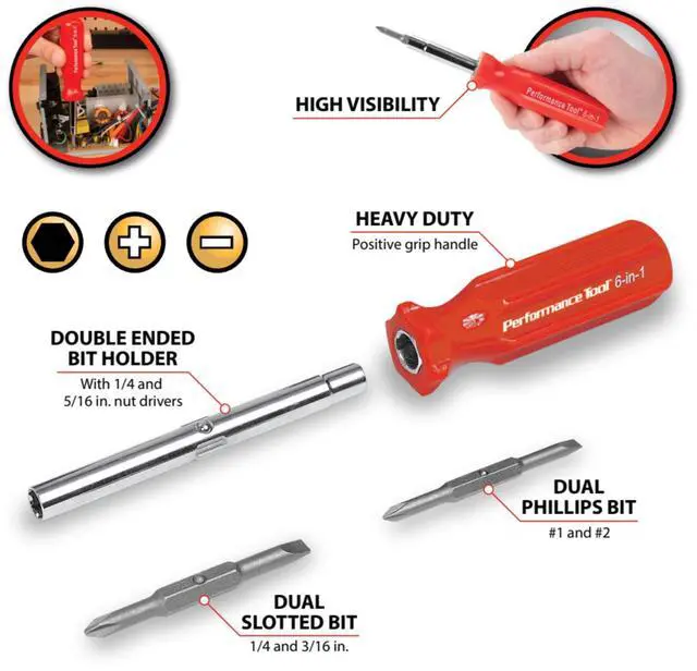 Alt view image 2 of 7 - W975 6-in-1 Quick Change Screwdriver With Hex Torque Handle, Chrome Vanadium Steel