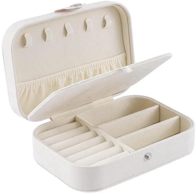 Main image of Travel Jewelry Box, PU Leather Small Jewelry Organizer for Women Girls, Double Layer Portable Mini Travel Case Display Storage Holder Boxes for Stud Earrings, Rings,Necklaces,Bracelets (white).