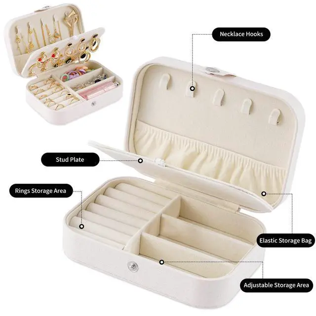 Alt view image 3 of 7 - Travel Jewelry Box, PU Leather Small Jewelry Organizer for Women Girls, Double Layer Portable Mini Travel Case Display Storage Holder Boxes for Stud Earrings, Rings,Necklaces,Bracelets (white).