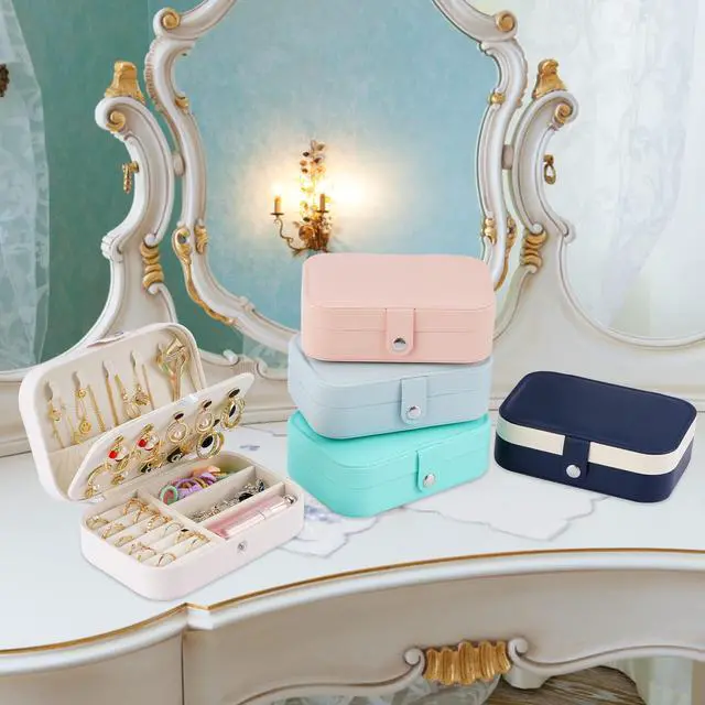 Alt view image 6 of 7 - Travel Jewelry Box, PU Leather Small Jewelry Organizer for Women Girls, Double Layer Portable Mini Travel Case Display Storage Holder Boxes for Stud Earrings, Rings,Necklaces,Bracelets (white).