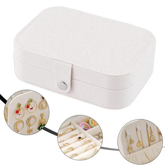Alt view image 2 of 7 - Travel Jewelry Box, PU Leather Small Jewelry Organizer for Women Girls, Double Layer Portable Mini Travel Case Display Storage Holder Boxes for Stud Earrings, Rings,Necklaces,Bracelets (white).