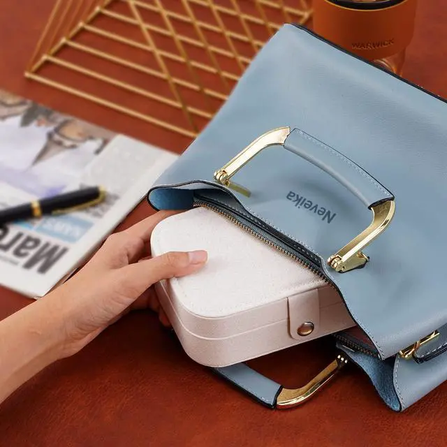 Alt view image 5 of 7 - Travel Jewelry Box, PU Leather Small Jewelry Organizer for Women Girls, Double Layer Portable Mini Travel Case Display Storage Holder Boxes for Stud Earrings, Rings,Necklaces,Bracelets (white).