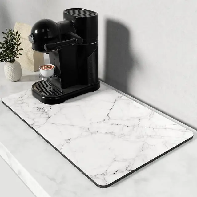 Main image of Coffee Mat, 12" x 19" Cute Marble Style Coffee Bar Mats for Espresso Machine Station Accessories and Organizer, Hide Stain Rubber Backed Absorbent Dish Drying Pad for Kitchen Counter,Gray White