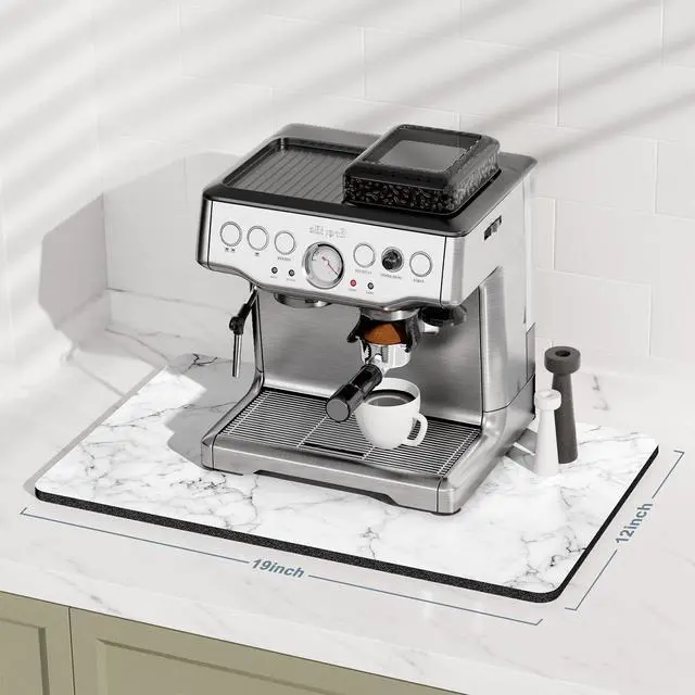 Alt view image 2 of 7 - Coffee Mat, 12" x 19" Cute Marble Style Coffee Bar Mats for Espresso Machine Station Accessories and Organizer, Hide Stain Rubber Backed Absorbent Dish Drying Pad for Kitchen Counter,Gray White