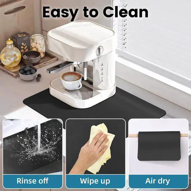 Alt view image 6 of 7 - 17"x12" Coffee Mat Small, Coffee Bar Accessories for Countertop, Absorbent Dish Drying Mat, Anti-Slip and Hide Stain Pad for Espresso Machine, Espresso Maker and Kitchen Counter, Black