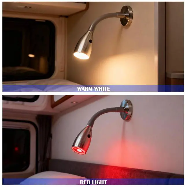 Alt view image 6 of 7 - RV 12V Flexible Gooseneck Reading Light with On-Off Switch Map Red Night Light Mode Install Wall Sconce for 10V-30V System on Caravan Motorhome Trailer Camper Van