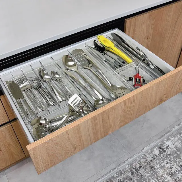 Alt view image 5 of 5 - Drawer Organizer Bin, 9x6 - Heavy Duty Clear Plastic Storage Tray for Junk Drawers, Kitchen Utensils, Bathroom Vanity, and Organizing Pantry - BPA Free, Food Safe, Non Slip