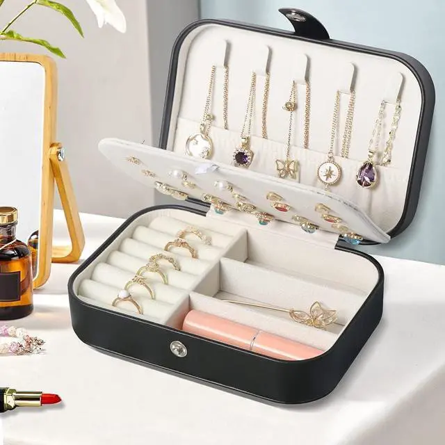 Alt view image 2 of 7 - Travel Jewelry Box,Small Jewelry Organizer Boxes for Women Girls, 2 Layer Travel Jewlery Case,PU Leather Mini Portable Jewerly Storage Display Holder for Earrings,Ring,Necklaces,Bracelets -Black
