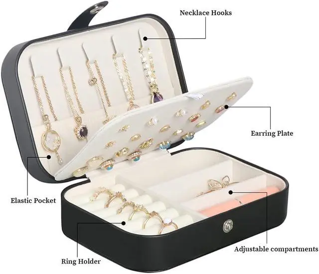 Alt view image 3 of 7 - Travel Jewelry Box,Small Jewelry Organizer Boxes for Women Girls, 2 Layer Travel Jewlery Case,PU Leather Mini Portable Jewerly Storage Display Holder for Earrings,Ring,Necklaces,Bracelets -Black