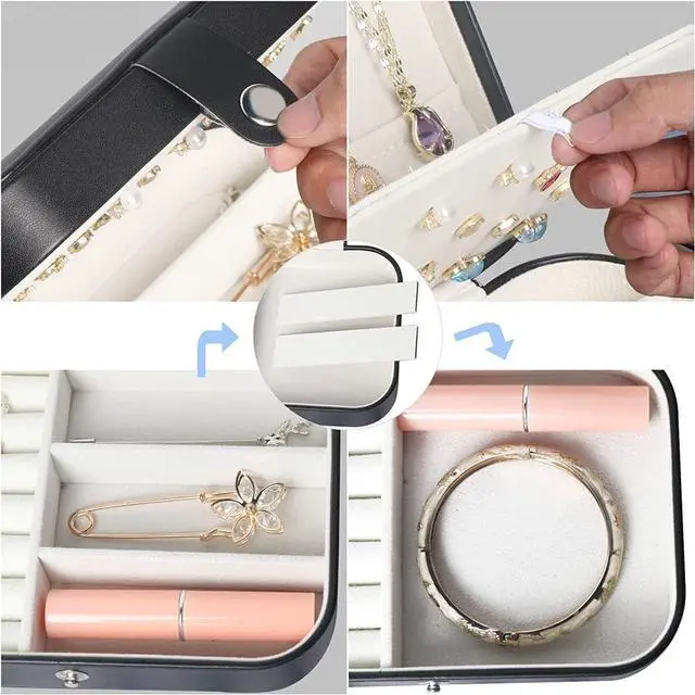 Alt view image 5 of 7 - Travel Jewelry Box,Small Jewelry Organizer Boxes for Women Girls, 2 Layer Travel Jewlery Case,PU Leather Mini Portable Jewerly Storage Display Holder for Earrings,Ring,Necklaces,Bracelets -Black