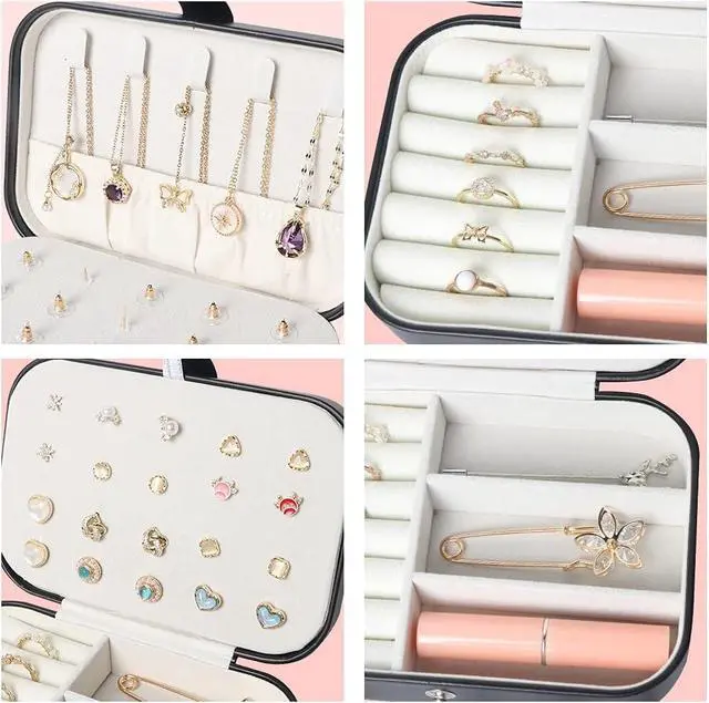 Alt view image 4 of 7 - Travel Jewelry Box,Small Jewelry Organizer Boxes for Women Girls, 2 Layer Travel Jewlery Case,PU Leather Mini Portable Jewerly Storage Display Holder for Earrings,Ring,Necklaces,Bracelets -Black
