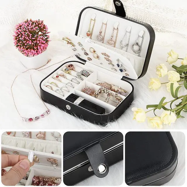 Alt view image 4 of 7 - Jewelry Box, Travel Jewelry Organizer Cases with Doubel Layer for Womens Necklace Earrings Rings and Travel Accessories (Black02)