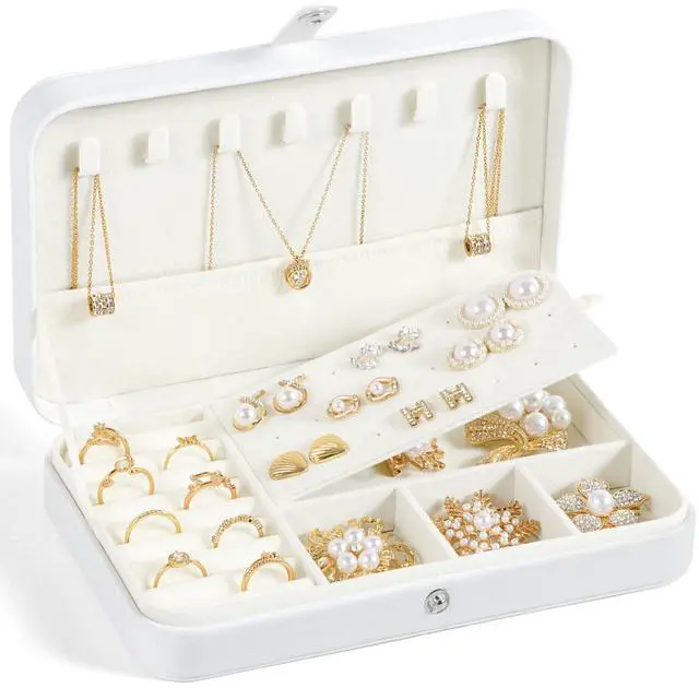 Main image of Travel Jewelry Case for Women,Travel Jewelry Organizer Box,Small Jewelry Box,PU Leather Portable Jewellery Storage Boxes for Ring Earrings Necklace Bangle,Gifts for Women Girls (White)