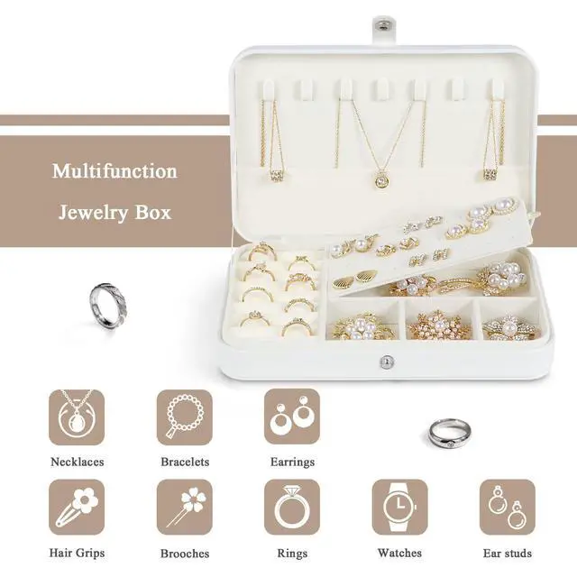 Alt view image 2 of 7 - Travel Jewelry Case for Women,Travel Jewelry Organizer Box,Small Jewelry Box,PU Leather Portable Jewellery Storage Boxes for Ring Earrings Necklace Bangle,Gifts for Women Girls (White)