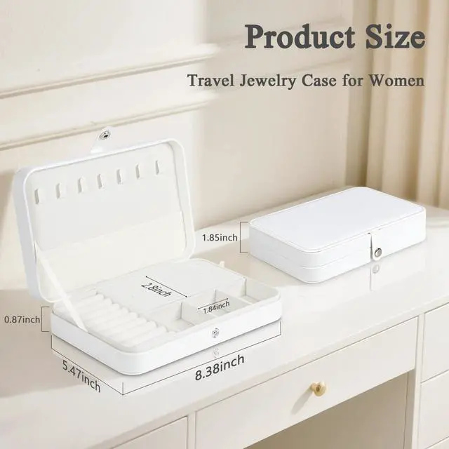 Alt view image 3 of 7 - Travel Jewelry Case for Women,Travel Jewelry Organizer Box,Small Jewelry Box,PU Leather Portable Jewellery Storage Boxes for Ring Earrings Necklace Bangle,Gifts for Women Girls (White)