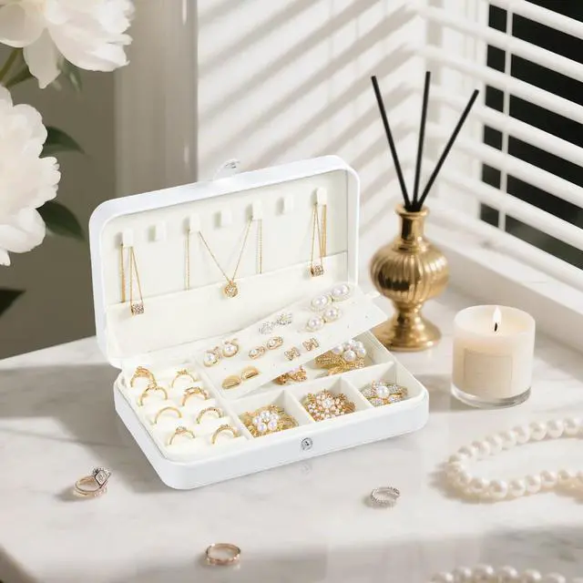 Alt view image 5 of 7 - Travel Jewelry Case for Women,Travel Jewelry Organizer Box,Small Jewelry Box,PU Leather Portable Jewellery Storage Boxes for Ring Earrings Necklace Bangle,Gifts for Women Girls (White)