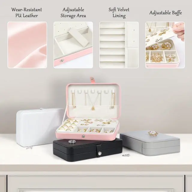 Alt view image 4 of 7 - Travel Jewelry Case for Women,Travel Jewelry Organizer Box,Small Jewelry Box,PU Leather Portable Jewellery Storage Boxes for Ring Earrings Necklace Bangle,Gifts for Women Girls (White)