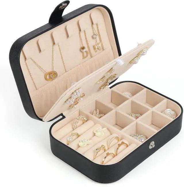 Main image of Travel Jewelry Box, Small Jewelry Organizer Boxes for Women Girls, 2 Layer Travel Jewlery Case, PU Leather Mini Portable Jewerly Storage Display Holder for Earrings, Ring, Necklaces, Bracelets Black 1