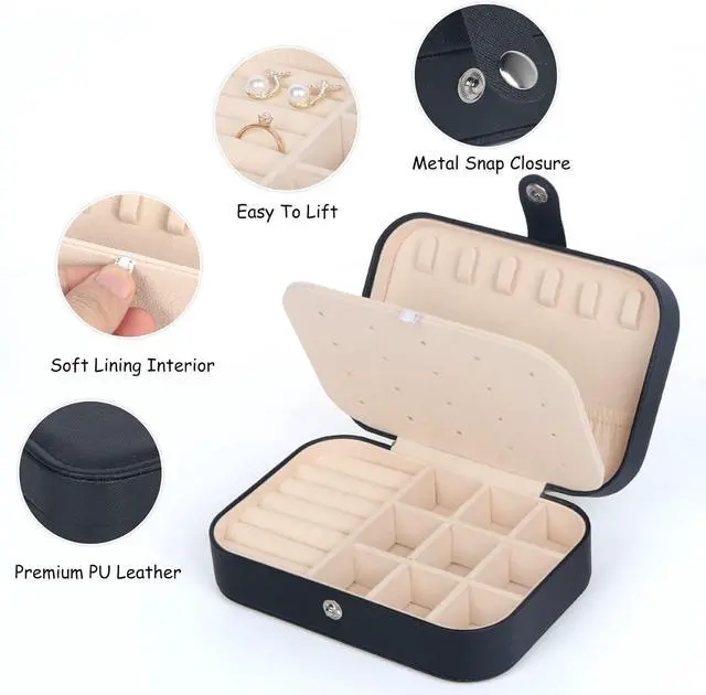 Alt view image 3 of 7 - Travel Jewelry Box, Small Jewelry Organizer Boxes for Women Girls, 2 Layer Travel Jewlery Case, PU Leather Mini Portable Jewerly Storage Display Holder for Earrings, Ring, Necklaces, Bracelets Black 1