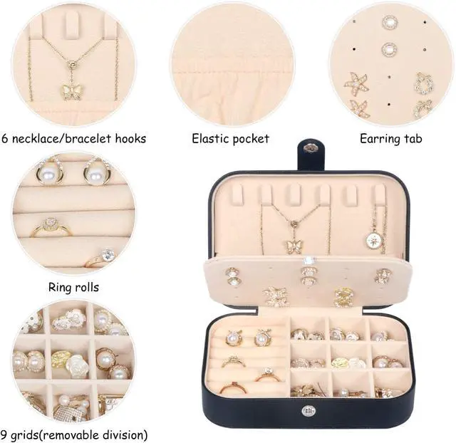 Alt view image 4 of 7 - Travel Jewelry Box, Small Jewelry Organizer Boxes for Women Girls, 2 Layer Travel Jewlery Case, PU Leather Mini Portable Jewerly Storage Display Holder for Earrings, Ring, Necklaces, Bracelets Black 1