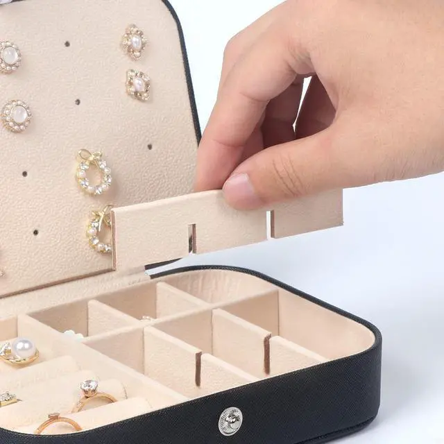 Alt view image 5 of 7 - Travel Jewelry Box, Small Jewelry Organizer Boxes for Women Girls, 2 Layer Travel Jewlery Case, PU Leather Mini Portable Jewerly Storage Display Holder for Earrings, Ring, Necklaces, Bracelets Black 1