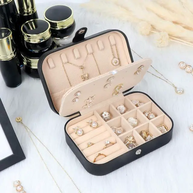 Alt view image 7 of 7 - Travel Jewelry Box, Small Jewelry Organizer Boxes for Women Girls, 2 Layer Travel Jewlery Case, PU Leather Mini Portable Jewerly Storage Display Holder for Earrings, Ring, Necklaces, Bracelets Black 1