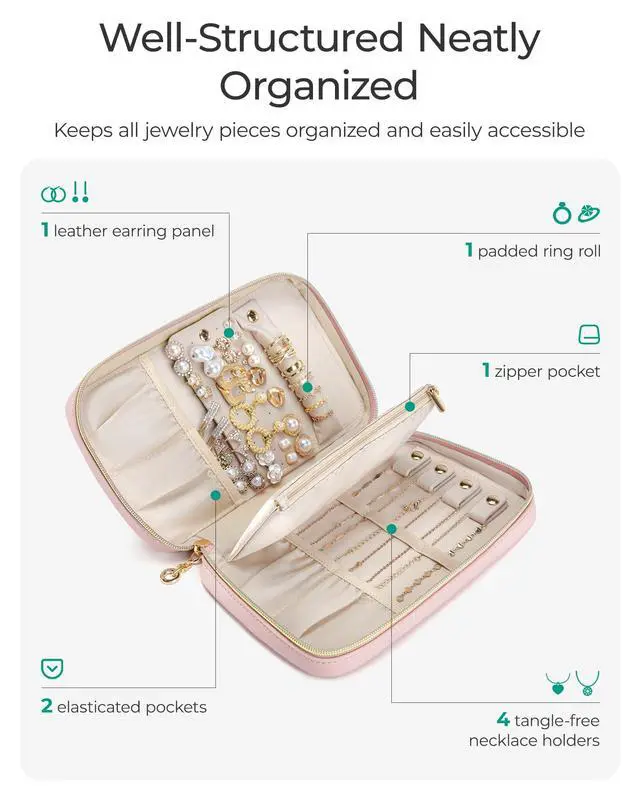 Alt view image 2 of 7 - Travel Jewelry Case Jewelry Box Organizers and Storage Earings Holder Organizer for Women for Necklaces, Bracelets, Rings-Pink