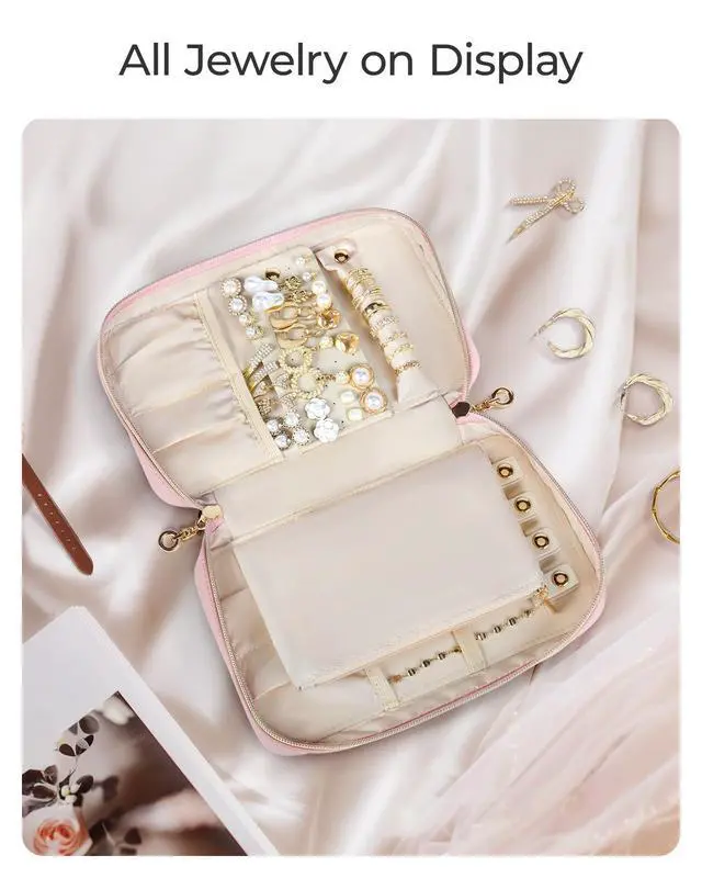 Alt view image 5 of 7 - Travel Jewelry Case Jewelry Box Organizers and Storage Earings Holder Organizer for Women for Necklaces, Bracelets, Rings-Pink