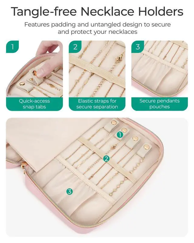 Alt view image 3 of 7 - Travel Jewelry Case Jewelry Box Organizers and Storage Earings Holder Organizer for Women for Necklaces, Bracelets, Rings-Pink