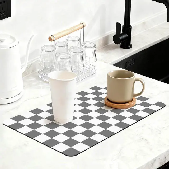 Main image of 12" x 20" Checkered Dish Drying Mat for Kitchen Counter, Absorbent Coffee Bar Mat for Espresso Machine Coffee Countertops Accessories, Grey