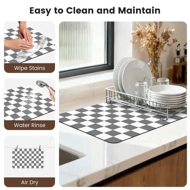 Alt view image 7 of 7 - 12" x 20" Checkered Dish Drying Mat for Kitchen Counter, Absorbent Coffee Bar Mat for Espresso Machine Coffee Countertops Accessories, Grey