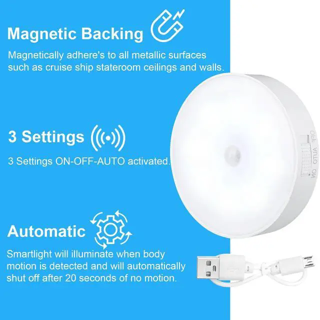 Alt view image 3 of 6 - 1 Pcs Magnetic Cruise Ship Motion Sensor Light with USB Cable LED Rechargeable Night Light Battery Nightlight Safe Cordless Nightlight for Cruise Ship Cabin Hallway Bathroom (White)