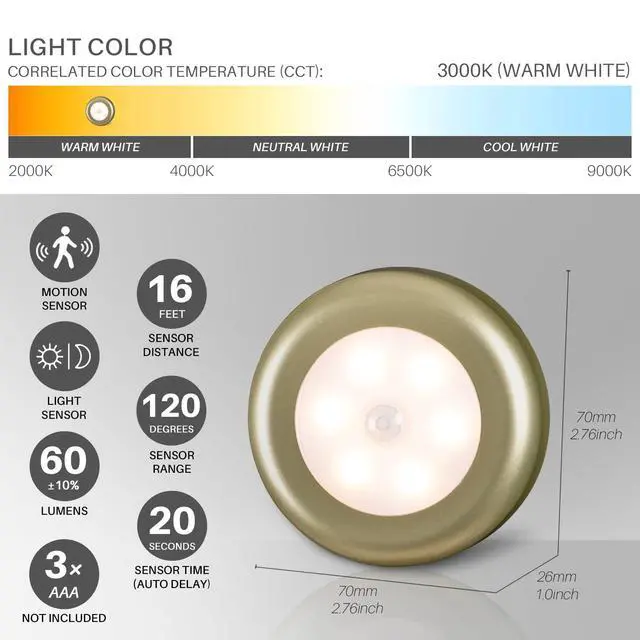 Alt view image 4 of 7 - 3 Pack 2.8 Motion Sensor Lights Indoor AAA Battery Operated, Stick on LED Puck Light for Stairs, Under Cabinet, Closet (Golden, Warm White)