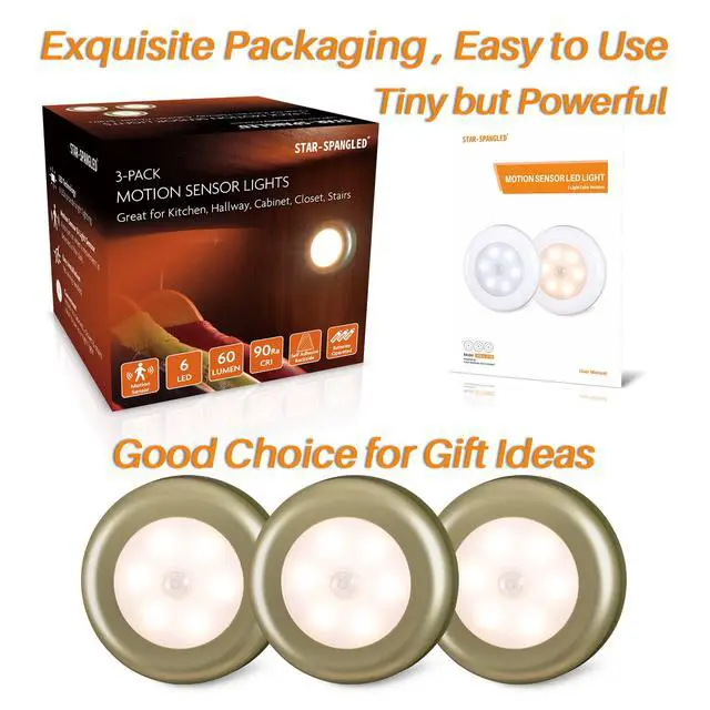 Alt view image 6 of 7 - 3 Pack 2.8 Motion Sensor Lights Indoor AAA Battery Operated, Stick on LED Puck Light for Stairs, Under Cabinet, Closet (Golden, Warm White)