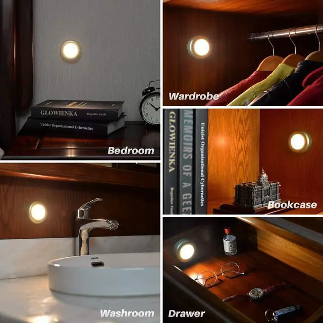 Alt view image 7 of 7 - 3 Pack 2.8 Motion Sensor Lights Indoor AAA Battery Operated, Stick on LED Puck Light for Stairs, Under Cabinet, Closet (Golden, Warm White)