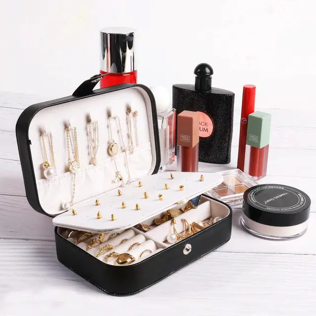 Alt view image 4 of 7 - Travel Jewelry Box,Travel Jewelry Case Organizer,PU Leather,Black,1 Pcs