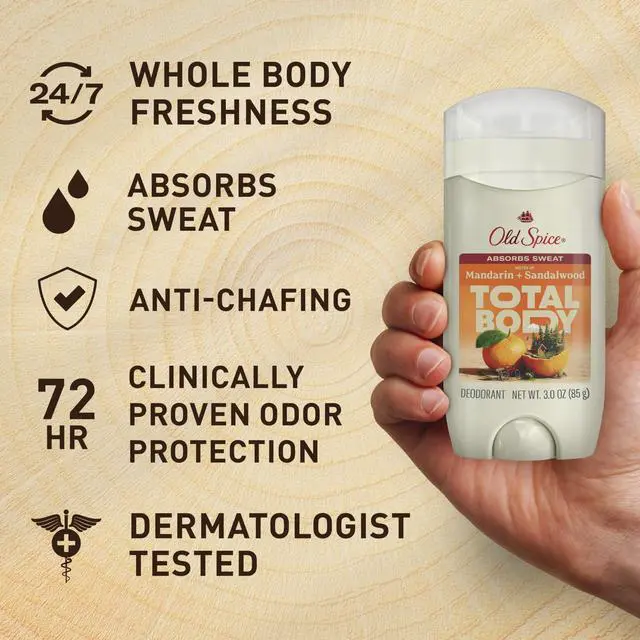 Alt view image 3 of 7 - Whole Body Deodorant Stick for Men, Aluminum Free, Mandarin + Sandalwood Scent, 24/7 Odor Protection, 24/7 Freshness, Dermatologist Tested, Gentle on Skin, Safe to Use All Over, 3.0 oz