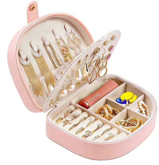 Main image of Travel Jewelry Case for Women Girls, Seashell-Shaped Small Jewelry Box with 40 Earring Holders & 5 Necklace Hooks, Leather Portable Jewelry Organizer for Necklace Ring Earring Travel Case Pink