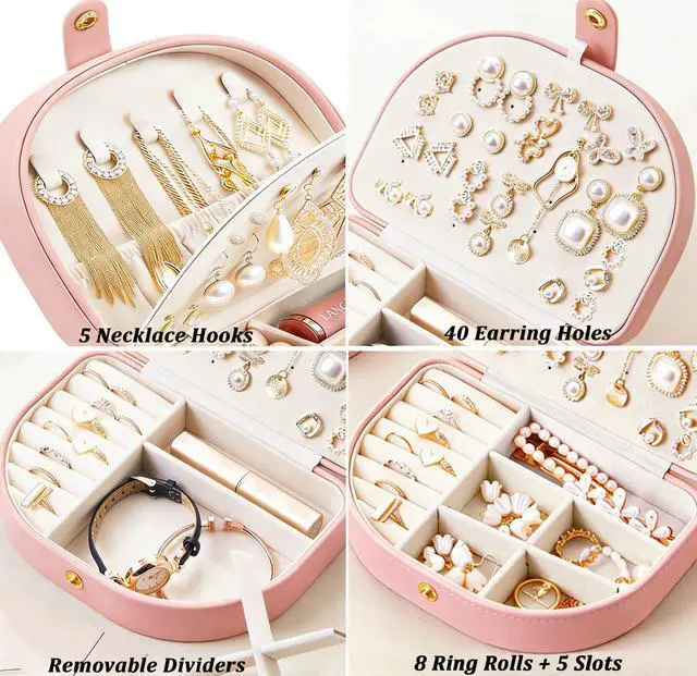 Alt view image 2 of 7 - Travel Jewelry Case for Women Girls, Seashell-Shaped Small Jewelry Box with 40 Earring Holders & 5 Necklace Hooks, Leather Portable Jewelry Organizer for Necklace Ring Earring Travel Case Pink