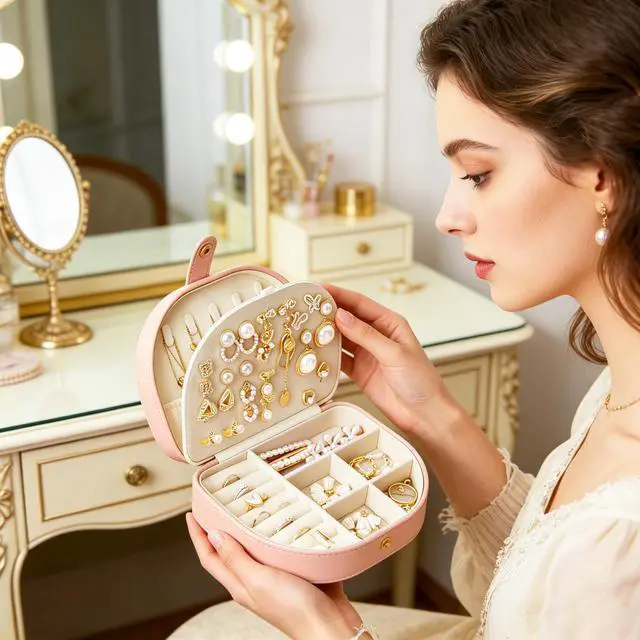 Alt view image 3 of 7 - Travel Jewelry Case for Women Girls, Seashell-Shaped Small Jewelry Box with 40 Earring Holders & 5 Necklace Hooks, Leather Portable Jewelry Organizer for Necklace Ring Earring Travel Case Pink