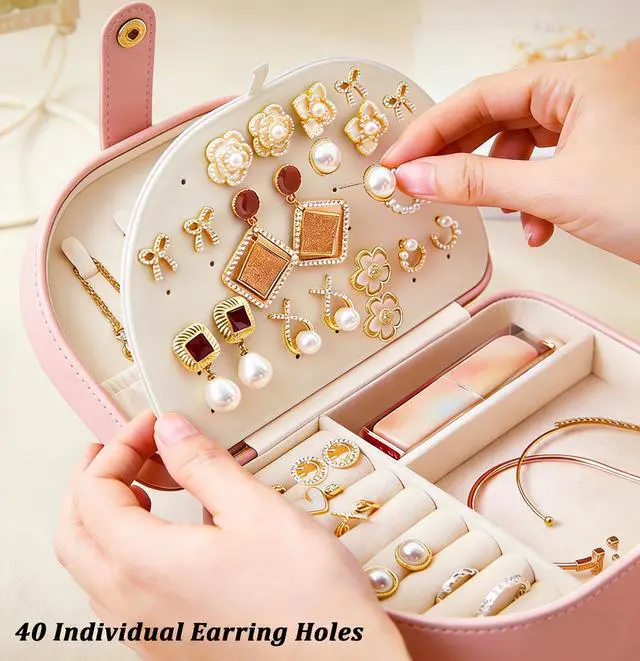 Alt view image 4 of 7 - Travel Jewelry Case for Women Girls, Seashell-Shaped Small Jewelry Box with 40 Earring Holders & 5 Necklace Hooks, Leather Portable Jewelry Organizer for Necklace Ring Earring Travel Case Pink