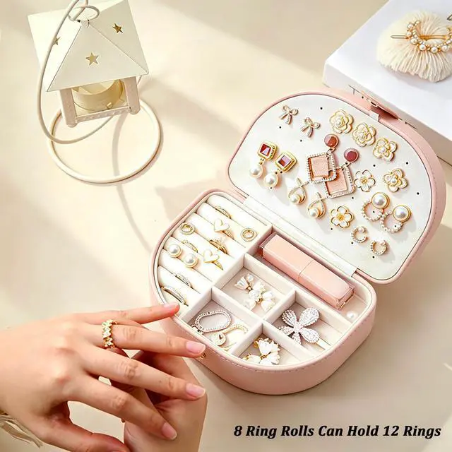 Alt view image 6 of 7 - Travel Jewelry Case for Women Girls, Seashell-Shaped Small Jewelry Box with 40 Earring Holders & 5 Necklace Hooks, Leather Portable Jewelry Organizer for Necklace Ring Earring Travel Case Pink