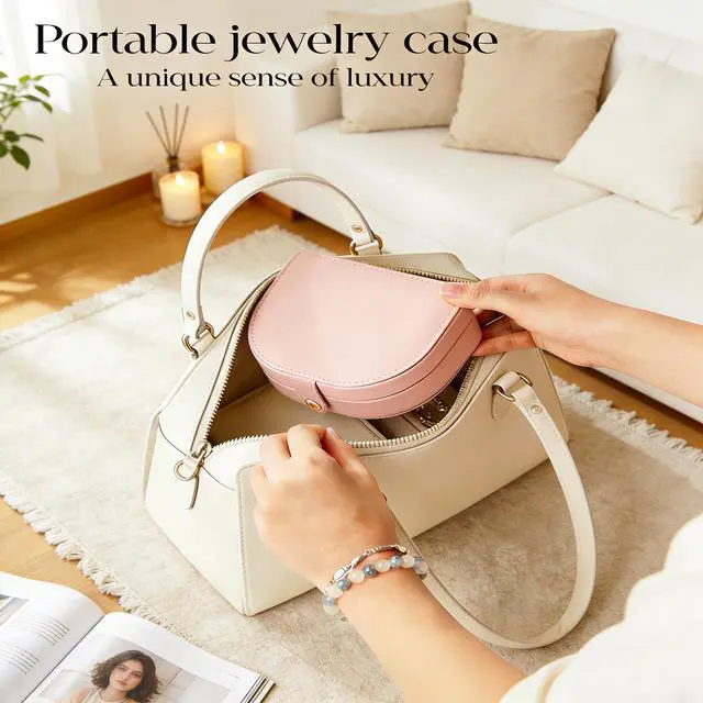 Alt view image 7 of 7 - Travel Jewelry Case for Women Girls, Seashell-Shaped Small Jewelry Box with 40 Earring Holders & 5 Necklace Hooks, Leather Portable Jewelry Organizer for Necklace Ring Earring Travel Case Pink